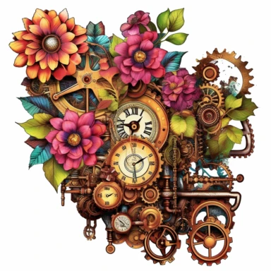 Immerse yourself in the whimsical world of steampunk and create a collection of vibrant and attention-grabbing steampunk floral arrangements clipart. Utilize a mixed media approach, combining traditional and digital techniques to achieve a unique and visually striking result. Incorporate steampunk elements such as gears, cogs, and vintage machinery, seamlessly blending them with the organic beauty of flowers and foliage. Draw inspiration from artists like Gustave Doré and H.R. Giger, infusing th