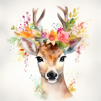 A whimsical watercolor deer clipart with white background, showcasing its charming personality through playful strokes and vibrant hues, wearing a crown of flowers on its head, surrounded by a magical forest filled with whimsical creatures and floating leaves, evoking a sense of joy and wonder, Watercolor painting on textured paper,
