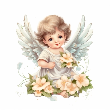 Cute baby angel clipart with flower, white background