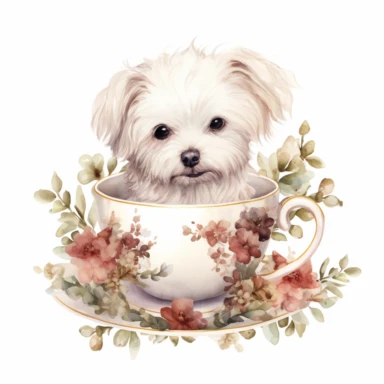 A Maltese dog sitting in a vintage tea cup, surrounded by tea leaves and delicate tea roses, creating a whimsical and charming composition, with a white background and watercolor clipart.