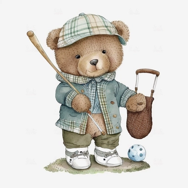 cute Teddy Bear playing golf and wearing vintage golf summer clothes Illustration, Sublimation graphics, by Beatrix Potter, Watercolor clipart, single design, white background