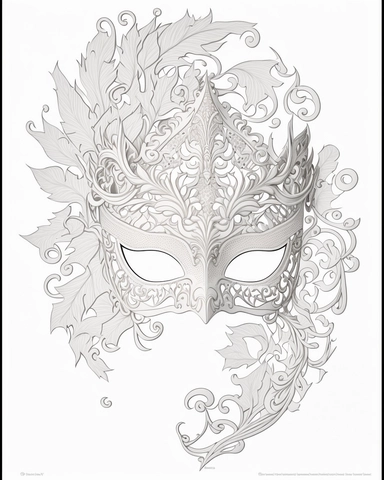 white coloring page of a white masquerade mask with intricate cut-outs, delicate linework, simplified line work, free brushwork, 15th century vintage masquerade for adults black and white drawings, in the style of tanya shatseva, in the style of fantasy illustrations, in the style of fantasy illustrations, in the style of art nouveau-inspired illustrations, in the style of intricate pen drawings, in the style of intricate linework, in the style of detailed linework, kinuko y. craft, luca della r