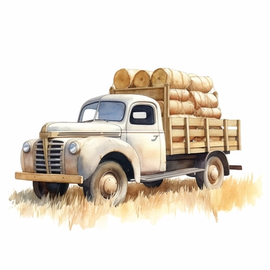 side view realistic watercolor drawing of a vintage pick up truck in Italy with bales of hay, on a white background where the background will be removed to repurpose as a clipart.