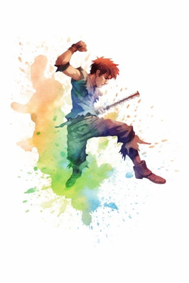 Clipart style, full-body figure of Peter Pan fighting, disney cartoon characters, low detailed, aquarel painting style, volume and bright colors, white background