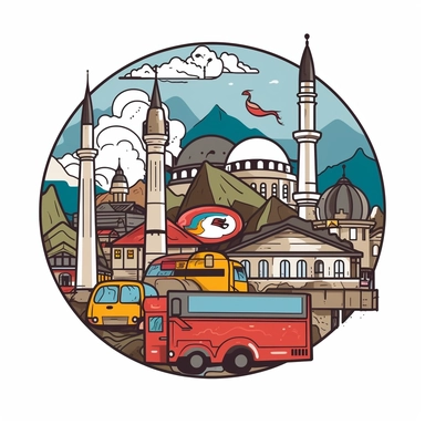 a travelling pack with trabzon inside it , a black van clipart on the side of the page and an hotel clip art behind it , and a globe with mosque and trabzon city popping of it , illustartion