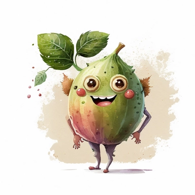 a cute fig man with watercolor effect, a smiling happy fig with eyes , mouth , arms and foots, suitable for digital clipart, cartoon style,white background, illustration art