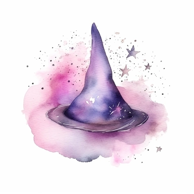 Witch's Hat, in the style of watercolor illustrations, pink and gold, soft lilac, magical and mystical, galaxy elements, modern minimal watercolor, on white background, clipart