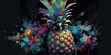 pineapple, clipart artwork print, a visually striking fusion of saturated colors like lime green, dazzling purple, and bold teal on a black canvas, chaotic elements blending seamlessly into an unexpectedly coherent design, showcasing the beauty of controlled chaos in wearable art