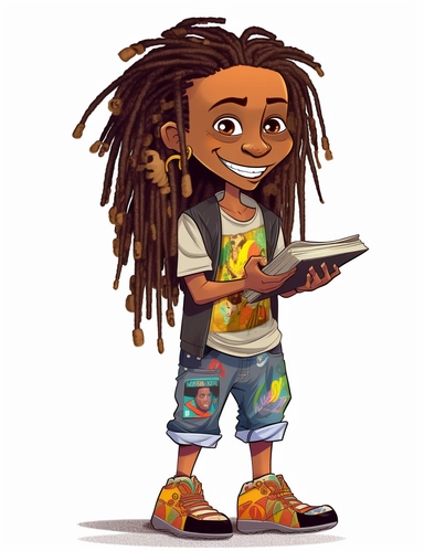 cute cool smiling black boy with wild colorful dreadlocks, reading, chibi style, jewelry, hip hop clothing, hands in pocket, clipart, whole body, white background,