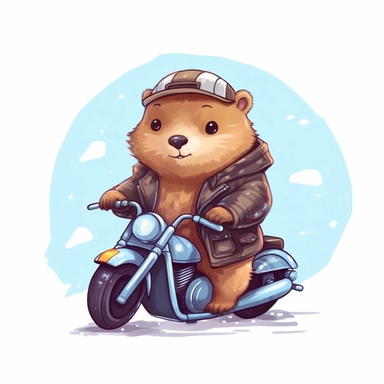 Create a clipart of a cute groundhog wearing a leather jacket and riding a motorcycle. Kawaii. White Background, soft lighting.