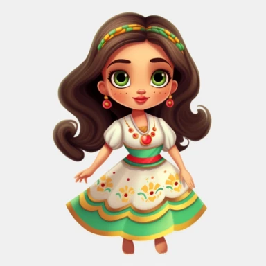 Beautiful mexican style girl, happy dancing, with beautiful eyes and beautiful smile, disney style, full body,on white background, big eyes, clipart, cartoon, inkley studio, smiling, outlines, with a beautiful typical Mexican dress green, white and red colors, charming anime characters Thomas Kinkade Nadja Baxter Anne Stokes Nancy Noel