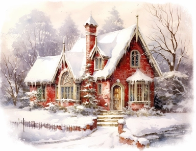 stunning red fairytale Christmas cottage in snow , beautiful Christmas clipart, soft faded colors, beautiful watercolor art by Marjolein Bastin, Thomas Kinkade, Carl Larsson, Norman Rockwell, Susan Wheeler, white background
