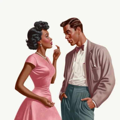 vintage 1950s illustration black woman talking to husband Clipart, on a white background, vintage aesthetic, character focus, 4K resolution, no background, realistic rendering, use using Cinema 4D