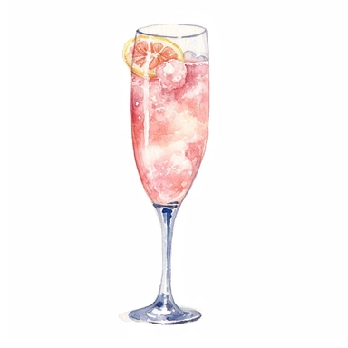 watercolor very detailed tall champagne flute filled with blushing bride champagne cocktail wedding drink clipart, on a white background