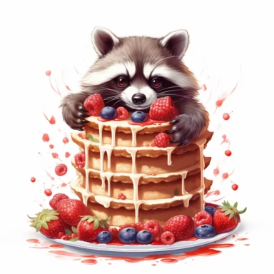 clipart trash panda sharing a stack of cute pancakes with bacon and eggs and whip cream breakfast with a cute baby raccoon, themed , in the style of hyper-realistic animal illustrations, white and red, prairiecore, colorful arrangements, historical illustrations, energy-filled illustrations,white background v 5.1