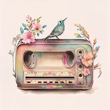 Vintage old radio ( a little floral, bird on radio) pastel rainbow watercolor clipart