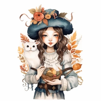 instagram influencer pilgrim, folk art, watercolor, clipart elements, kawaii, white background, dustin nguyen