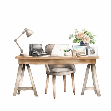 simple in neutral colors watercolor home office desk clipart with white background