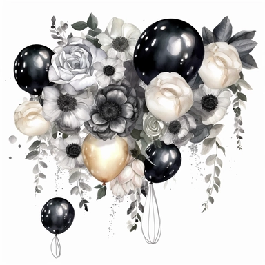 hand drawn balloon garland with shiny black white and silver balloons, white roses and white flowers with greenery, crystals, glamorous, very detailed and realistic, watercolor, clipart style, white background with margins