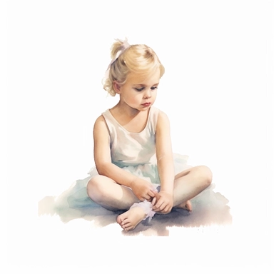 watercolor style, little ballerina in sitting position girl of 5 years old clipart, isolated on white background, hd