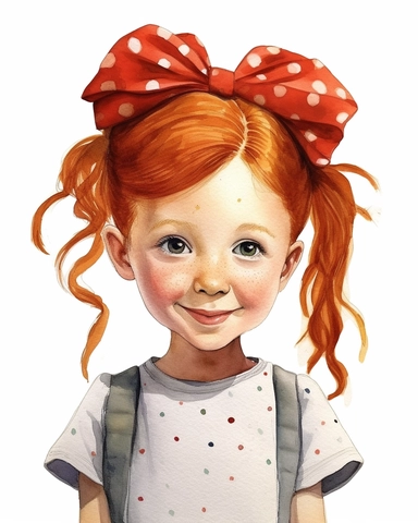 portret of a cute happy little girl a five year old, bow on the head, red hair, freckles, dress, style by Lusy Fleming, folk art, watercolor, clipart elements, smooth gradients, black contour outline, ultra detailed, white background, super clear, high quality