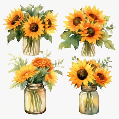 Watercolor Sunflowers Clipart in jar, fall sunflower floral bouquets, white background