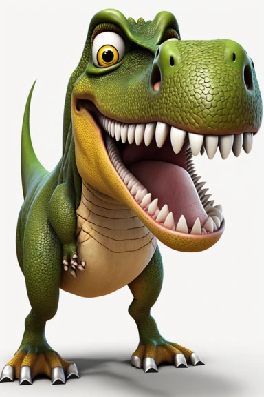 no text, 3d whole body clipart of a smiling, friendly tyrannosaurus rex dino, cartoon network style, friendly face, head unproportionally bigger than body, detailed body shape, front shot, insanely big shiny eyes, caricatured face, insanely glossy, plastic like fur and skin, light background, unrealistic, 8k photography, cinematic, super cute face, Photography, Ultra-Wide Angle, Depth of Field, hyper-detailed, beautifully color-coded, insane details, intricate details, Unreal Engine, Cinematic, 