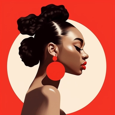 beautiful black woman facing forward , wavy hair in a ponytail with white Pearl hair clips on the side of hair slicked down, beautiful earrings, red lipstick, red circle behind her , niji art painting drawing illustration - Variations by <@1104832257438519377> (fast) - Image #2 <@1104832257438519377>