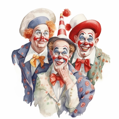 3 hand drawn vintage circus clowns acting silly , glamorous, soft, detailed and realistic, watercolor, clipart style, white background with margins