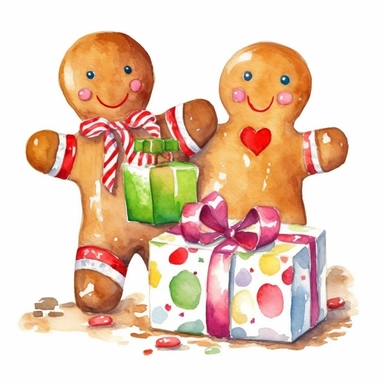 Playful watercolor clipart of Christmas present with gingerbread men, capturing the playful and fun side of the holiday season, with vibrant colors and soft details, perfect for a holiday-themed t-shirt design, delightful and charming, high-quality illustration, hand-painted with love, a great addition to any project.