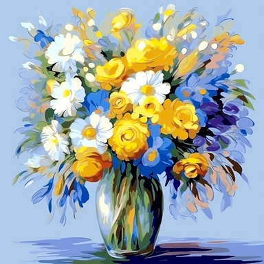 bouquet of flowers, blue, yellow, vector art, in the style of monet, clipart, white background, rounded corners