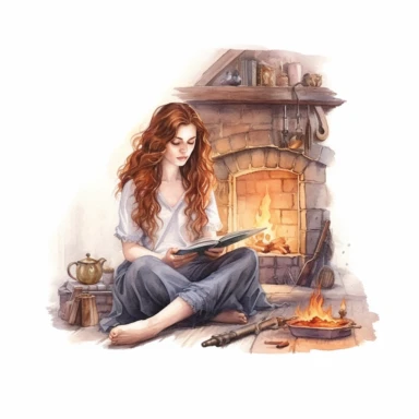 front illumination of ultra-realistic watercolor of full body of an insanely beautiful Comfortable cottage by the fireplace with long curly brown hair, face covering, reading a book, insane quality, mystic, wiccan, art nouveau art style, clipart witch core dream core cottage-core white background no text, isolated on white, ghibli style, watercolor illustration, the