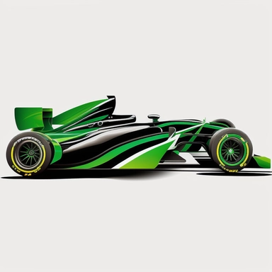 side view, full image, black and Green formula one Ferrari style racing car clipart style, solid white background