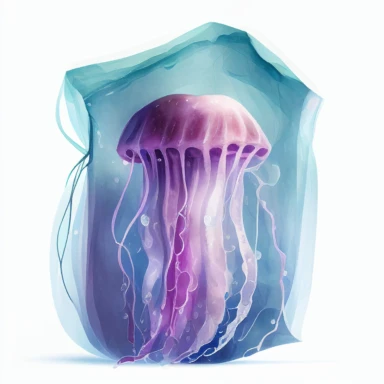 watercolour handmade clipart of a purple jellyfish stuck in a blue transparent plastic bag in the ocean