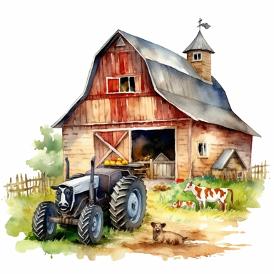 Make a clipart of a watercolor painting of a farm with barn animals and a tractor. no background