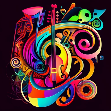 A dynamic clipart featuring artistic tools, musical instruments, and various art forms, such as painting, dancing, and writing. This design will celebrate human creativity and the power of imagination, with colorful, swirling patterns and abstract shapes.