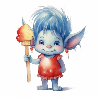 a watercolor, cute troll, hair standing up, blue hair, little nose, precious moments, adorable, holding red, white, and blue popsicle in hand, summer, clip art, contrasting colors, white background.