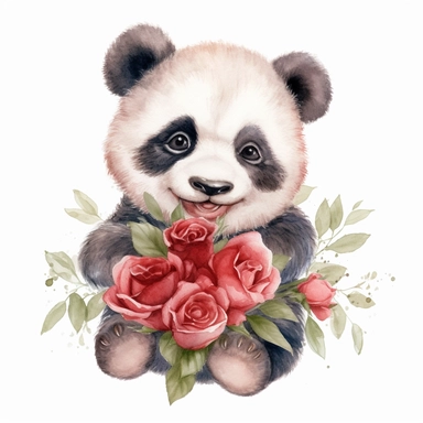 watercolor clipart, image of a happy looking laughing baby panda, holding red roses, white background, no shading, detailed, megapixel, super resolution, no mockup