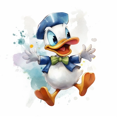 cartoon watercolor cute very happy donald duck, very detailed, clipart, modern style, white background, 8k