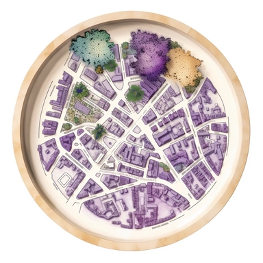 top-down view of a round scientific culture dish containing a simple map of a city block made with white fungal mycelium threads for the roads, a few major landmarks are small purple mushrooms, clean white background, iconic, clipart style, simple, cartoon, light colors, no grey