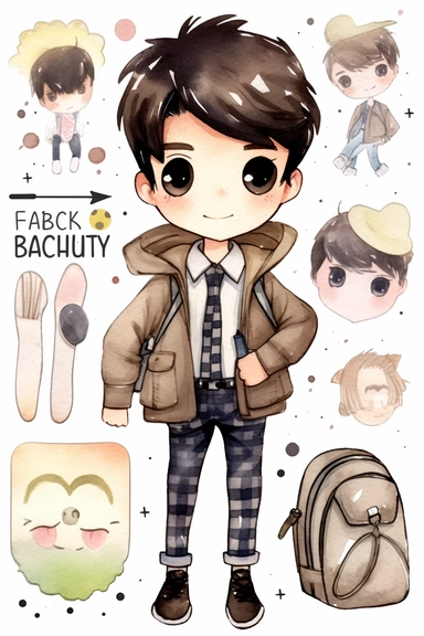 clipart set illustration, fashion boy with dark hair back to school back to school, watercolor clipart, full body, Cute kawaii sticker