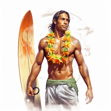 beautiful stunning hawaiian surfer young man , paint art style, clipart, white background, superrealistic, one of a kind