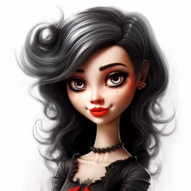 beautiful stunning pretty young woman monster high characters doll style, paint art style, clipart, white background, superrealistic, one of a kind