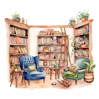 Bookworm Reading Watercolor Clipart, Library Interior Room, Favourite Place, Books Bundle PNG, Book Reading, Instant Download