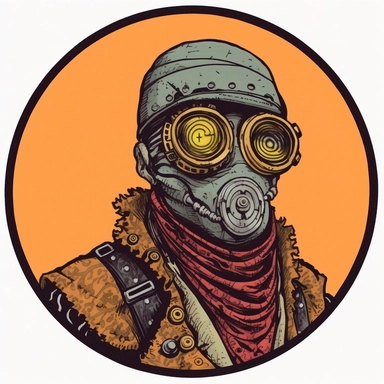 steampunk desert bandit merchant, Basil Wolverton Mike Allred Mad Max Lord of the Rings, handpainted punk zine indie retrowave, clipart illustration, circular solid background