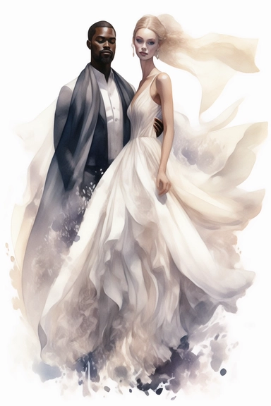 amazing detailed watercolor clipart of a beautiful woman bride and groom, the woman with a beautifully detailed Heavenly draping baroque-inspired haute couture gown on a beautiful young woman stunning seraphim posing a classical fashion setting and a long veil, holding hands with a handsome black groom, no caption, solid white background, cinematic light lighting, hyper-detailed, 8k, high resolution, symmetrical, bodyshot photograph, insanely detailed and intricate, beautiful, elegant, watercolo