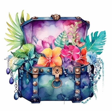 clipart, isolated on white background, Watercolor spring treasure chest with jewelry, detailed, beach, flowers and plants, ornated, vivid and vibrant and saturated colors