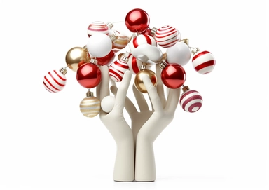 3d white mannequin hands holding Christmas ornaments, red and gold balls, stars and candy cane. Seasonal festive clip art, isolated on white background. Abstract holiday concept.