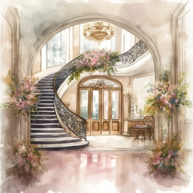 Watercolor drawing beautiful rich mansion interior, wedding venue in flowers, watercolor clipart, white background, isolated on white, 8k, watercolor style
