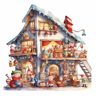 watercolor style, Santa's workshop: A depiction of Santa's magical workshop, bustling with elves, toys, and gift preparations. Clipart, isolated on white background, 4K